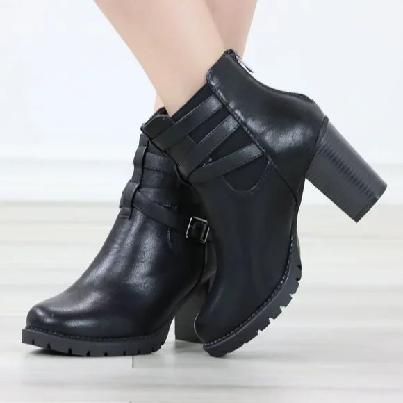 Black Ankle Boots Chunky Lug Block Heel Synthetic Leather Round Toe - Picture 7 of 12
